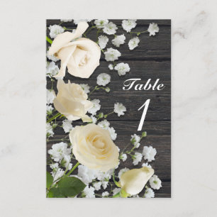 Invitation Roses blanches et gypsophile sur un panneau en boi