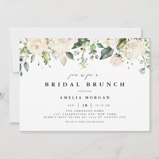 Invitation Roses blanches et Hydrangeas Brunch nuptial (Devant)