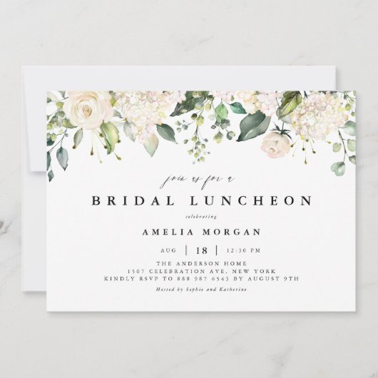 Invitation Roses blanches et Hydrangeas Déjeuner nuptial (Devant)