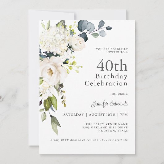Invitation Roses blanches et Hydrangeas Elégant 40e anniversa (Devant)