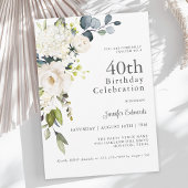 Invitation Roses blanches et Hydrangeas Elégant 40e anniversa