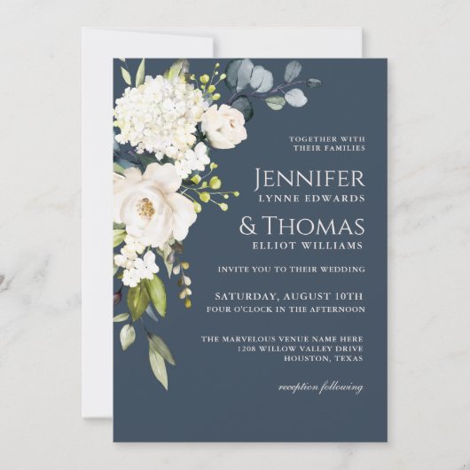 Invitation Roses blanches et Hydrangeas Élégant Mariage flora (Devant)