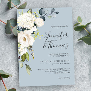 Invitation Roses blanches et hydrangeas sur mariage floral bl