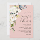 Invitation Roses blanches et Hydrangée sur Mariage rose (Devant)