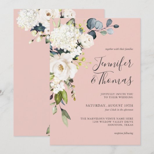 Invitation Roses blanches et Hydrangée sur Mariage rose (Devant / Derrière)
