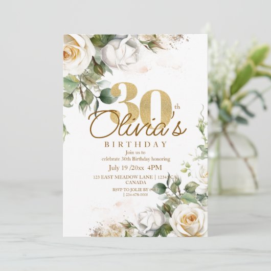 Invitation Roses blanches et or Dusty Floral 30e anniversaire (Debout devant)