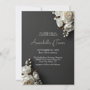 Invitation Roses blanches et pivoines sur fond floral charbon