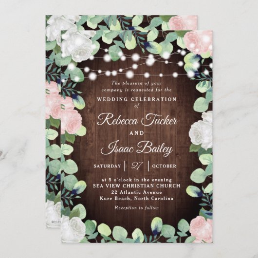 Invitation Roses blanches et roses blanches rustiques Mariage (Devant / Derrière)