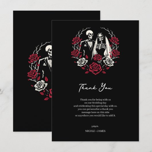 Invitation Roses blanches et rouges Squelette de mariage Merc (Devant / Derrière)
