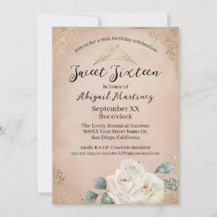 Invitation Roses blanches et Sweet sixteen rose Vintage or