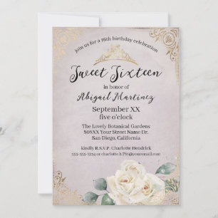 Invitation Roses blanches et Vintage or Sweet sixteen violet