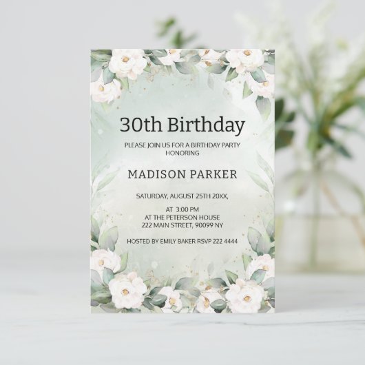 Invitation Roses blanches Eucalyptus Feuilles Anniversaire (Debout devant)