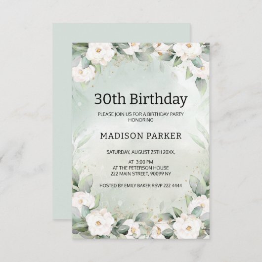 Invitation Roses blanches Eucalyptus Feuilles Anniversaire (Devant / Derrière)