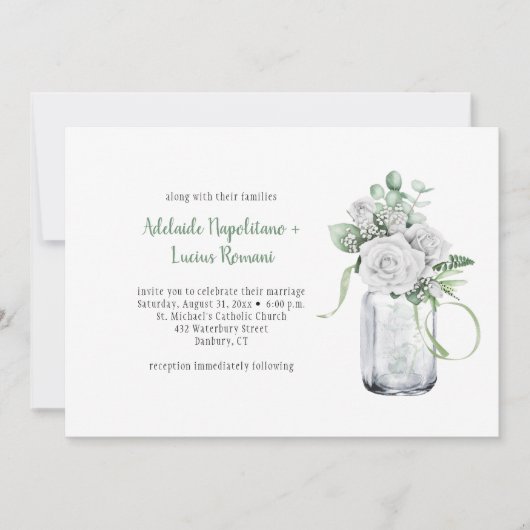 Invitation Roses blanches Eucalyptus Mason Jar Mariage (Devant)