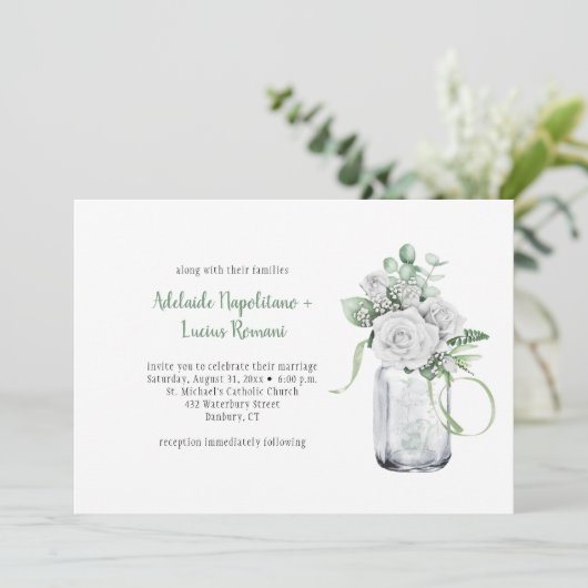 Invitation Roses blanches Eucalyptus Mason Jar Mariage (Debout devant)