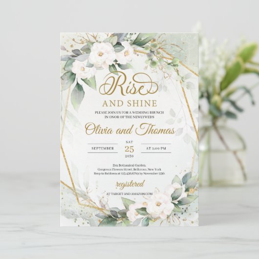 Invitation Roses blanches eucalyptus or cadre levant et brill (Debout devant)