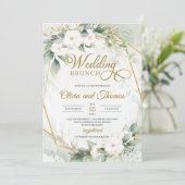 Invitation Roses blanches eucalyptus verdure or cadre mariage (Debout devant)