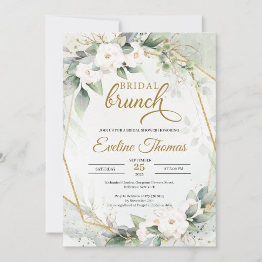 Invitation Roses blanches eucalyptus vert faux cadre or (Devant)