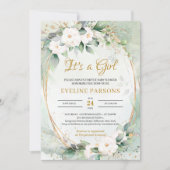 Invitation Roses blanches eucalyptus vert or C'est une fille (Devant)