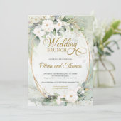 Invitation Roses blanches eucalyptus vert or oval mariage (Debout devant)