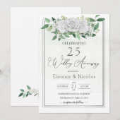 Invitation Roses Blanches Feuillage 25e Anniversaire de Maria (Devant / Derrière)