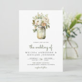 Invitation Roses Blanches Feuilles de Sauge Pot Mason Code QR (Debout devant)