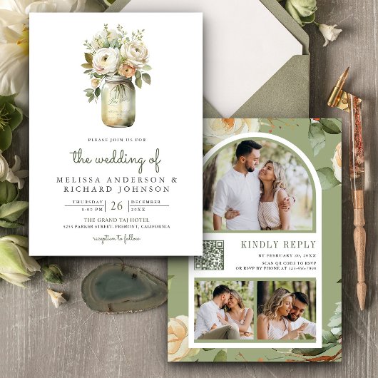 Invitation Roses Blanches Feuilles de Sauge Pot Mason Code QR