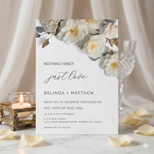 Invitation Roses blanches Fleurs 3D Élégant Mariage Blanc