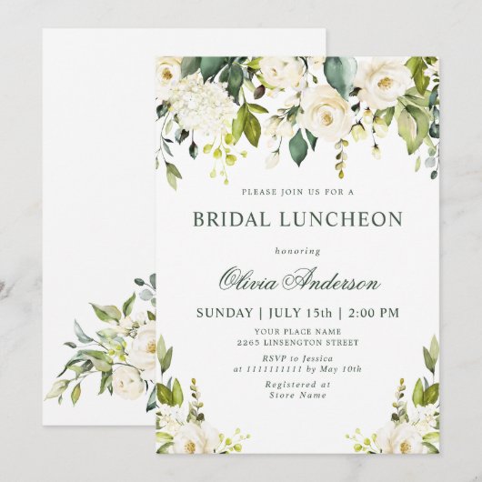 Invitation Roses blanches Fleurs aquarelle LUNCH DE NOCE (Devant / Derrière)