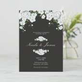 Invitation Roses blanches Fleurs et mariage gris charbon (Debout devant)