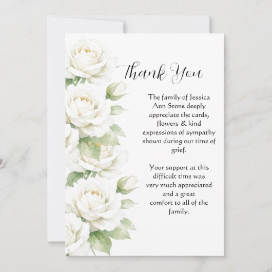 Invitation Roses blanches Fleurs funéraires Décès Merci (Devant)