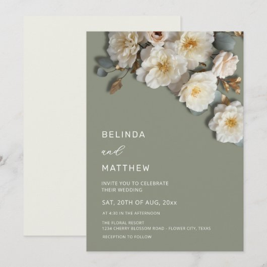 Invitation Roses blanches Fleurs réalistes Mariage (Devant / Derrière)