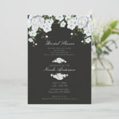 Invitation Roses blanches Floral & Charcoal Gris Fête des mar (Debout devant)