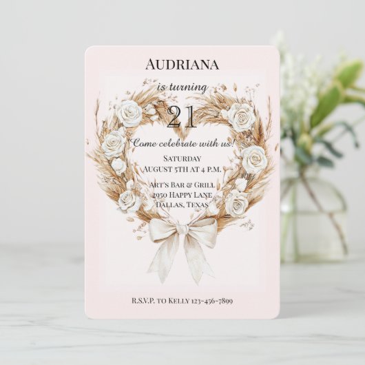 Invitation Roses blanches Floral Coeur Bow Anniversaire (Debout devant)