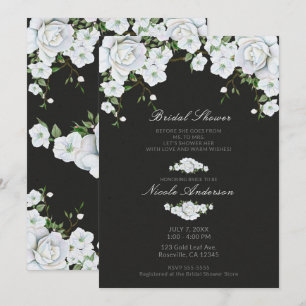 Invitation Roses blanches Floral & Gris Charbon Mariage