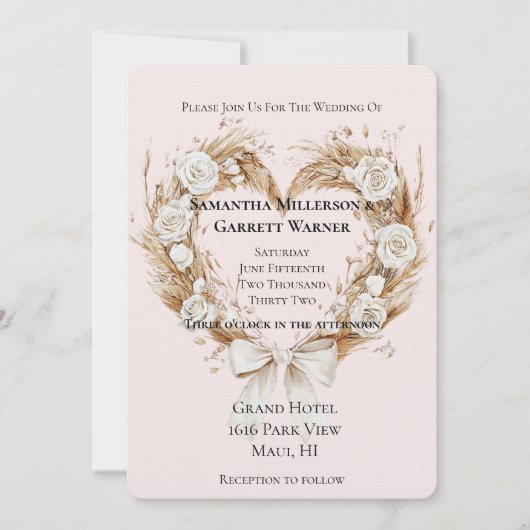 Invitation Roses blanches Floral Mariage Bow Coeur (Devant)