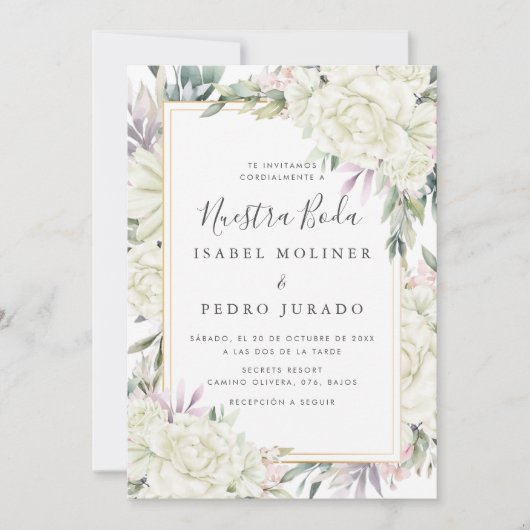 Invitation Roses blanches Floral Nuestra Boda Mariage espagno (Devant)
