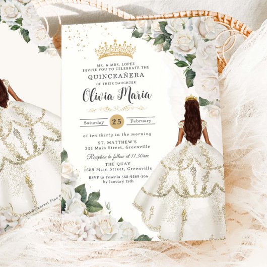 Invitation Roses blanches Floral Princesse Gown Gold Quinceañ