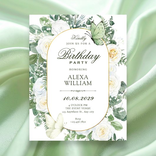 Invitation Roses blanches florales anniversaire