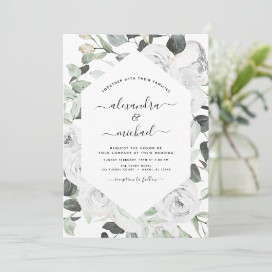 Invitation Roses Blanches Florales Eucalyptus Vert Mariage In (Debout devant)
