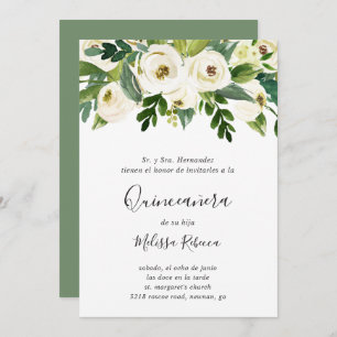 Invitation Roses Blanches Florales Verdure Elégante Quinceañe