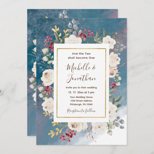 Invitation Roses blanches fruits rouges sur mariage chrétien (Devant / Derrière)