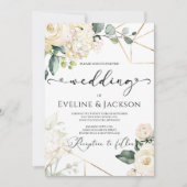 Invitation Roses blanches hydrangées verdure or mariage (Devant)