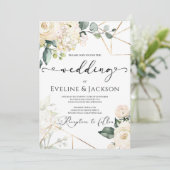 Invitation Roses blanches hydrangées verdure or mariage (Debout devant)