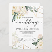 Invitation Roses blanches hydrangées verdure or mariage (Devant / Derrière)