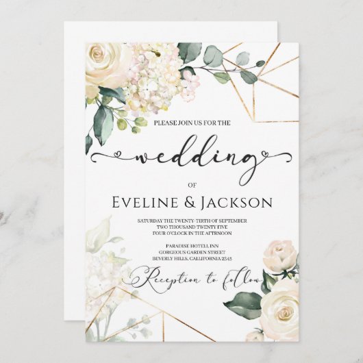 Invitation Roses blanches hydrangées verdure or mariage (Devant / Derrière)