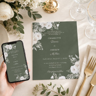 Invitation Roses blanches ivoire mariage mousse verte