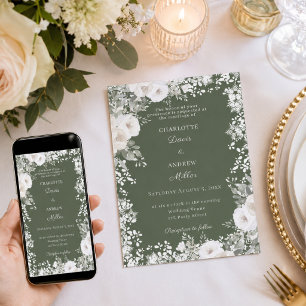 Invitation Roses blanches ivoire mousse verte neige mariage h