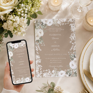 Invitation Roses blanches ivoire taupe neige mariage hivernal