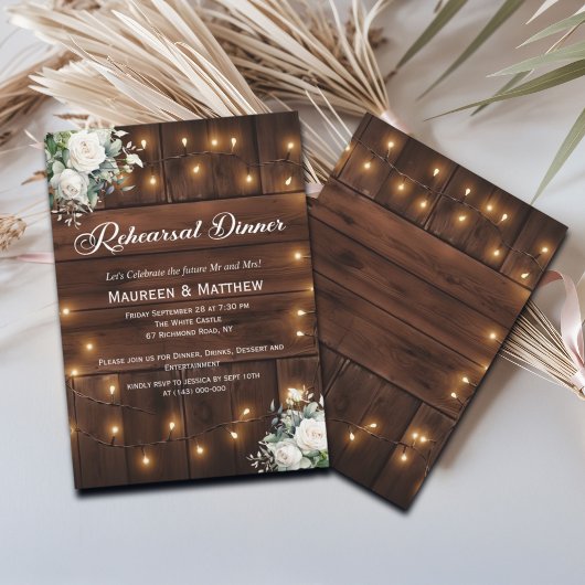 Invitation Roses blanches Luminaires à cordes rustiques Dîner